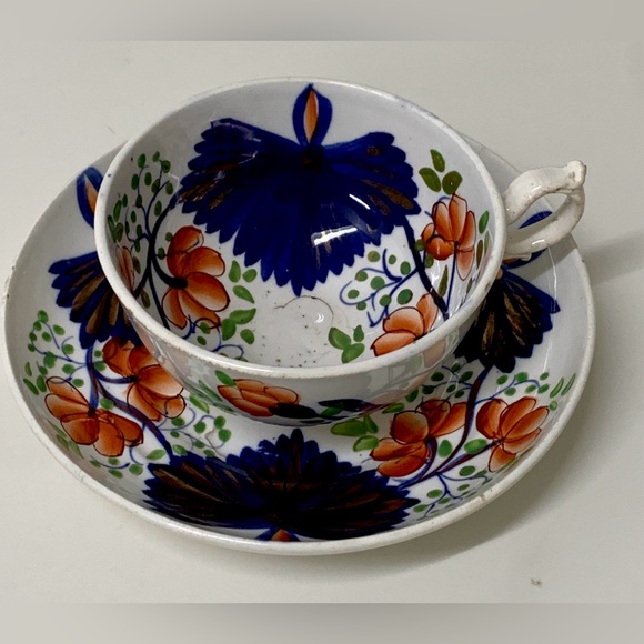 19th Century Antique Gaudy Welsh Butterfly Pattern Hand Painted Cup & Saucer Set - Picture 5 of 15